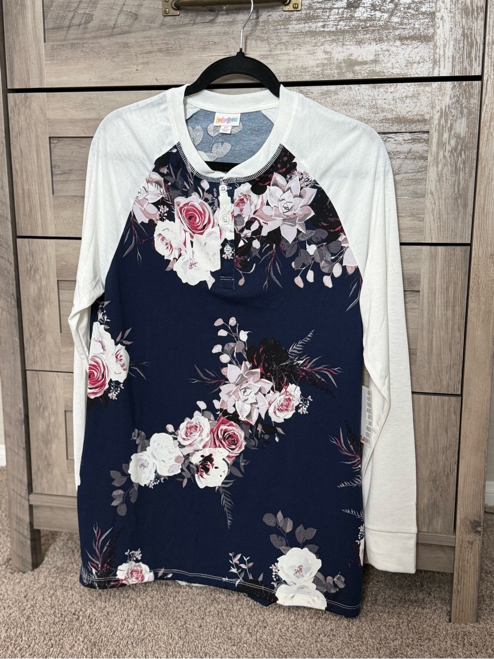 LuLaRoe Navy Floral Raglan Henley Long Sleeve Mark Top